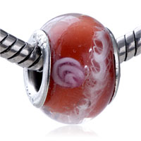 GB_YW90: pink flower white leaf translucent murano glass european beads Image.