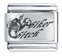 Italian Charms - biker bitch text and motorcycle laser italian charm Image.
