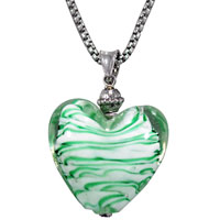 Murano Glass Jewelry - white and green striped heart murano glass necklace Image.