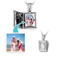 Silver Tone Rectangle Engraved Flower Custom Photo Locket Pendant Necklace 18"
