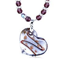 Necklace & Pendants - silver gray inclined murano glass heart with brown zigzag line and golden speckle pendants Image.