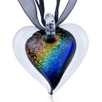 Pendants - tan yellow green and blue gradient color heart dichroic glass pendant Image.