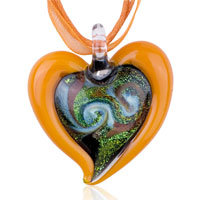 Pendants - orange frame heart green fused dichroic glass pendant Image.