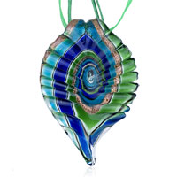 Pendants - green blue and golden serrate leaf dichroic glass pendant Image.