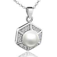 Pendants - silver hexagon framed pearl pendant sterling Image.
