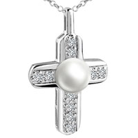 Pendants - crystal cross and pearl pendant sterling silver Image.