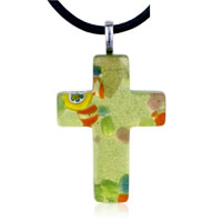 Pendants - dichroic glass peridot yellow and red cross murano pendant Image.