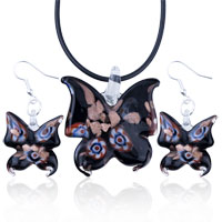 Murano Glass Jewelry - black butterfly dichroic glass pendant and earring set Image.