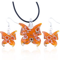 Murano Glass Jewelry - orange butterfly dichroic glass pendant and earring set Image.