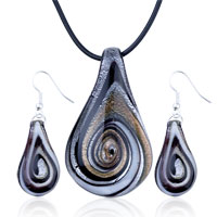 Murano Glass Jewelry - white and black swirl drop dichroic glass pendant and earring set Image.