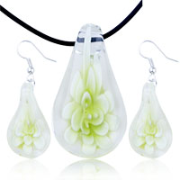 Murano Glass Jewelry - pale green flower clear drop murano glass pendant and earring set Image.