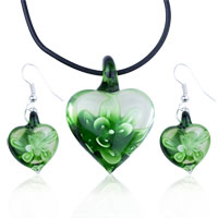 Murano Glass Jewelry - green flower heart shaped pendant and earring set Image.