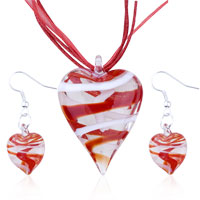 Murano Glass Jewelry - white and red spiral line heart pendant and earring set Image.