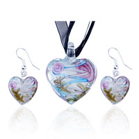 Murano Glass Jewelry - pale blue and white zigzag line heart pendant and earring set Image.