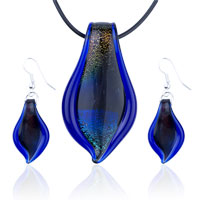 Murano Glass Jewelry - blue leaf fused dichroic glass pendant and earring set Image.