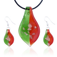 Murano Glass Jewelry - pink and green leaf dichroic glass pendant and earring set Image.