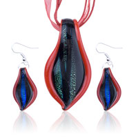 Murano Glass Jewelry - red frame leaf dichroic glass pendant and earring set Image.