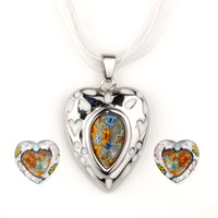 Earrings - murano glass millefiori and silver tone heart with white ribbon pendant Image.