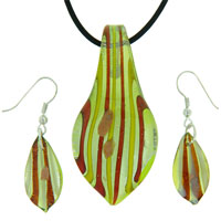 Murano Glass Jewelry - olive/amber striped murano glass leaf drop set pendant Image.