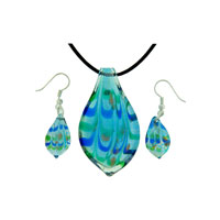 SET_MU006_X63: blueemerlad wave striped murano glass leaf drop set pendant Image.