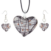  - black gray heart with black lines murano glass pendant and earrings set Image.