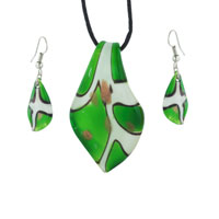 Murano Glass Jewelry - green and white leaf pendant Image.