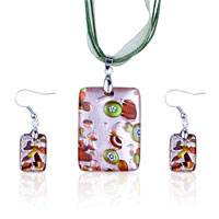 Murano Glass Jewelry - silver foil red flower dichroic glass pendant and earring set Image.