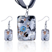 Murano Glass Jewelry - silver foil gray flower dichroic glass pendant and earring set Image.