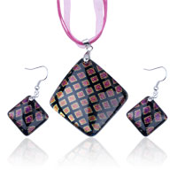 Murano Glass Jewelry - pink fused dichroic glass pendant and earring set Image.