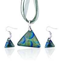 Murano Glass Jewelry - peacock blue triangular fused dichroic glass pendant and earring set Image.