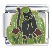 Italian Charms - cat in the flowers x2 italian charm Image.