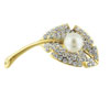 Gold Tone Clear Rhinestone Faux Pearl Leaf Brooch