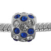 Clear And Blue Rhinestone Round Silver Plated Crystal European Beads