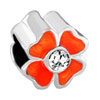 Four Leaf Clover With Orange Red Enamel And Clear Rhinestone Crystal Silver Plated European Beads