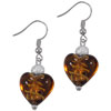 Silver Tone Golden Brown Heart Murano Glass Earrings