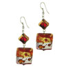 Red Orange Silver And Gold Square Murano Glass Earrings
