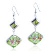 Silver Foil Pink Flower Pale Green Dichroic Glass Earrings