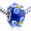  Beads - Round Blue And Yellow Flowered Murano Glass European Beads