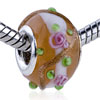 Tan Pink Flower And Green Texture Leaf Murano Glass European Beads
