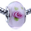 Pink Rose Green Leaf Translucent Murano Glass European Beads