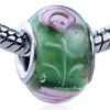 Pink Flowers Green Translucent Murano Glass European Beads