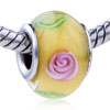 Pink Peony And Green Leaves Murano Glass European Beads