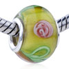 Gold Foil Pink Flower And Green Foliage Translucent Murano Glass European Beads
