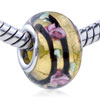 Gold Foil Pink Flower And Brown Line Translucent Murano Glass European Beads