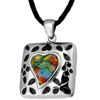 Black Murano Glass Millefiori Square With Heart With Colorful Flowers Pend...
