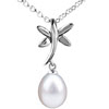 Silver Dragonfly And Dangling Pearl Drop Pendant Sterling