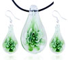 Green Flower Clear Drop Murano Glass Pendant And Earring Set