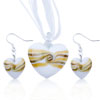 Tan Stripes White  Heart   Murano   Glass   Pendant  And Earring Set