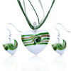 Green Stripes White Heart Murano Glass Pendant And Earring Set