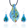 Green And Red Spots Blue Dichroic Glass Pendant And Earring Set